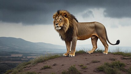 Obraz premium Majestic lion standing on a rocky outcrop in the wild.