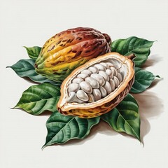 A realistic cocoa pod, with white beans inside, is placed on green leaves, with a rough brown shell and neatly arranged seeds, highlighting the natural details of the cocoa fruit.