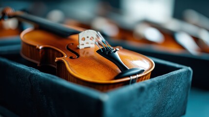 Fototapeta premium A gorgeous violin sits within a rich velvety case, showcasing its beauty and elegance, maintaining a sense of protection and artistry, ideal for musicians and collectors.