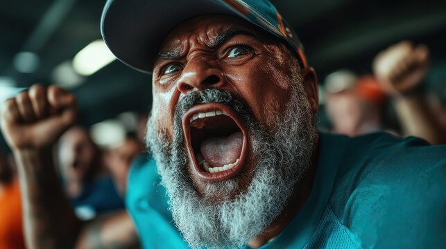A devoted sports supporter fiercely yells at their favorite team, expressing intense emotions and enthusiasm during a thrilling game in a lively stadium.