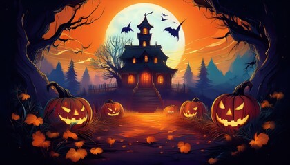 AnimeStyle Halloween Scene Gloomy Nights Bring Vibrant Ghostly Glows Amidst Spooky Decorations and Haunting Aesthetics, Perfect for Digital Art, Home Decor, or Design Inspiration.
