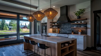 Modern kitchen with panoramic views, island, pendant lights, and countryside