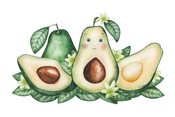 Avocado composition. Watercolor illustration. Hand painted green avocado, whole, cut in half with brown seed, leaves, flowers. Alligator pear. Cute cartoon avocado with face. Isolated clip art