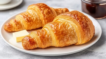 Golden Croissants with Butter on a White Plate Present Food