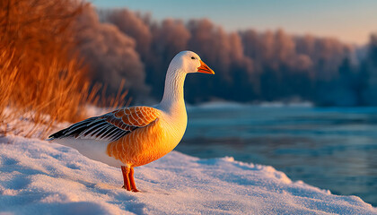 A snow goose stands on snowy riverbank at sunrise, bathed in warm light . Generative AI