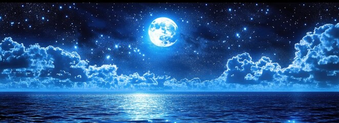 Ocean Moonlight Nightscape, Full Moon, Stars, Reflective Water, Dreamy Blue Sky, Clouds