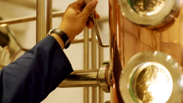 Close-Up of Copper Distillation Apparatus with Pressure Gauge and Viewing Ports