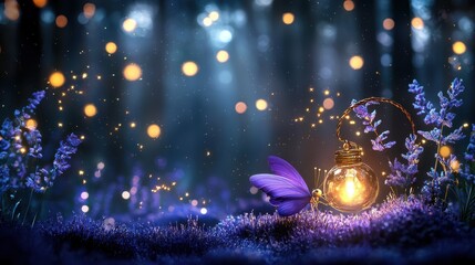 A magical scene with a purple butterfly and glowing lantern amidst lavender flowers.