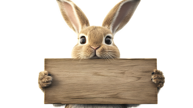 Easter Bunny Holding a Sign: A friendly bunny holding a blank wooden sign, ready for personalized text, isolated on a white background. 