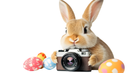 Easter Bunny Photographer with Camera: A bunny holding a vintage camera, ready to capture Easter moments, isolated on a white background. 