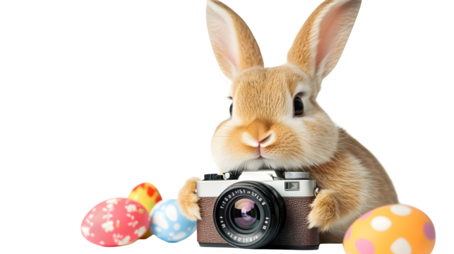 Easter Bunny Photographer with Camera: A bunny holding a vintage camera, ready to capture Easter moments, isolated on a white background. 