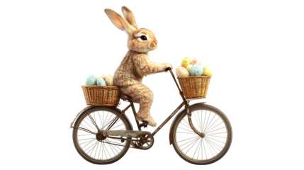 Easter Bunny Riding a Bicycle: A playful bunny riding a vintage bicycle with a basket full of Easter eggs, isolated on a white background.