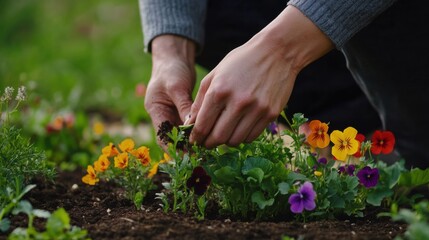 Fototapeta premium Landscaper planting flowers in garden bed. Featuring focus and care