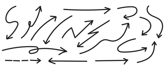 Collection of hand drawn curved arrow doodle style vector on white background. set of zigzag artistic arrow, directional arrow vector symbol