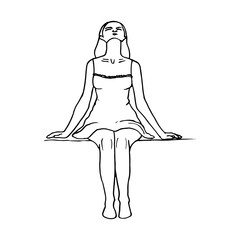 young barefoot woman sitting on the edge with her legs hanging down and her face up - hand drawn line art illustration. spirit of youth, freedom, laziness, idleness