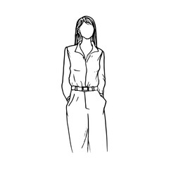 long haired straight-headed woman standing in shirt and trousers with hands in pockets standing in confident pose, faceless portrait - hand drawn line art illustration