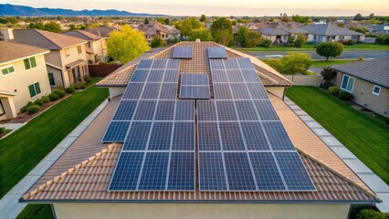 Aerial view of a residential roof equipped with solar panels, showcasing a sustainable energy solution in a suburban neighborhood.