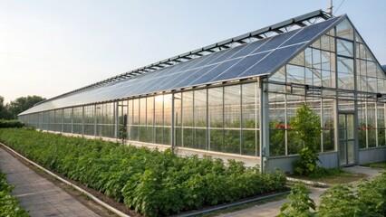 Obraz premium A modern greenhouse with solar panels, surrounded by lush greenery, reflects sustainable agricultural practices at sunset.