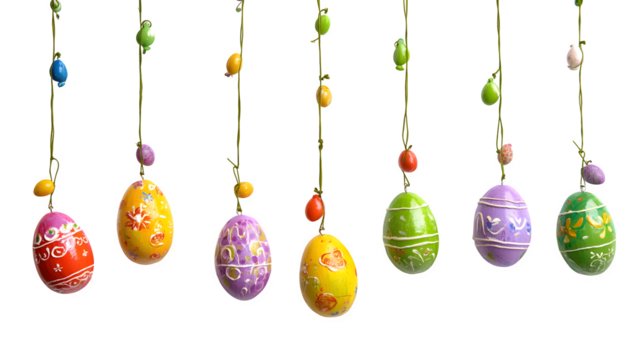 Easter Egg Wind Chimes: A set of wind chimes made from hanging, decorated Easter eggs, centered on a white background. 