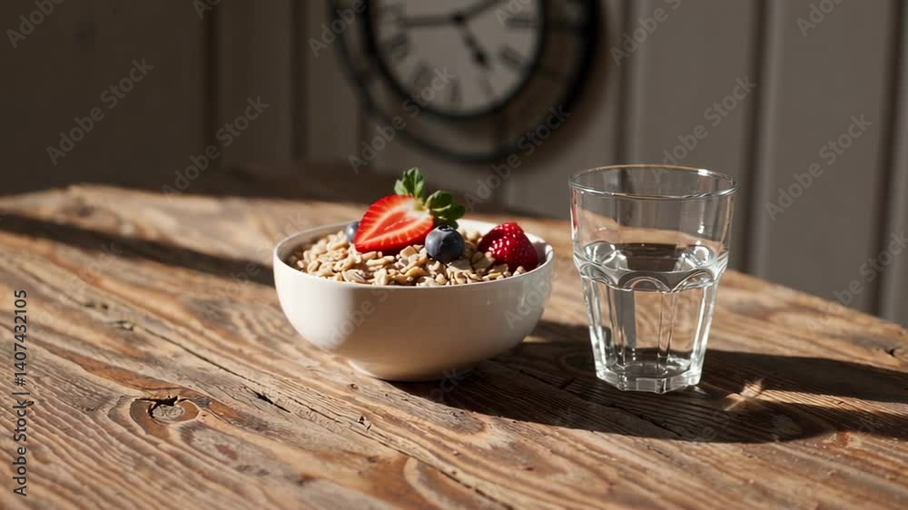 Aufkleber sunlight streaming over rustic wooden table illuminating nutritious breakfast with oatmeal topped wi