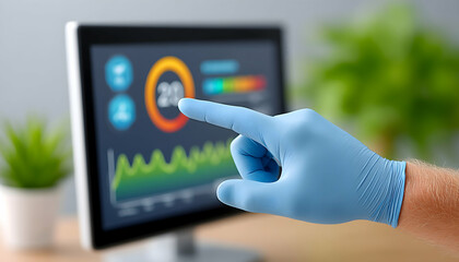 Gloved hand points to data analytics displayed on a computer screen