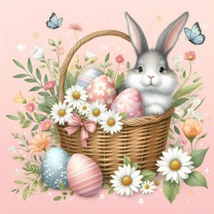 Delightful Easter illustration featuring a bunny with a wicker basket full of colorful eggs, surrounded by daisies, spring flowers, and butterflies on a soft pink background