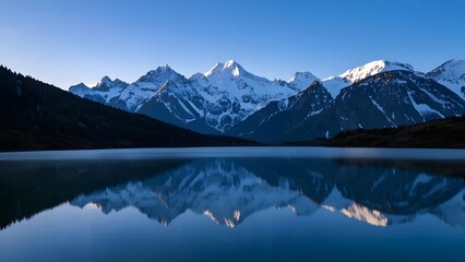 A tranquil alpine lake surrounded by snow-capped mountains, crystal-clear water reflecting the peaks, soft morning light, cool blue tones, wide-angle shot emphasizing serenity.