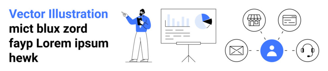 Person presenting a data chart on a screen, connected icons for email, user, and call center. Ideal for analytics, communication, teamwork, education, business strategy remote work simple landing