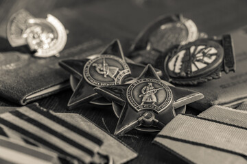 Awards of the Second world war close-up. Soviet military awards - Order Red Banner, Glory,the order...