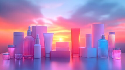 Cosmetic bottles and jars on reflective surface at sunset