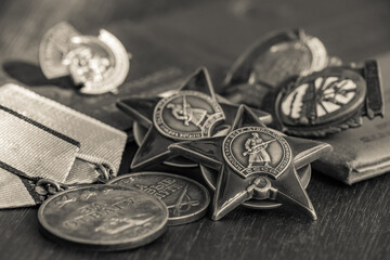 Awards of the Second world war close-up. Soviet military awards - Order Red Banner, Glory,the order...