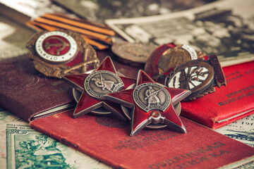 Awards of the Second world war close-up. Soviet military awards - Order Red Banner, Glory,the order...