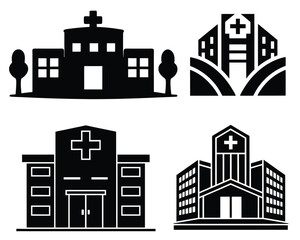 Obraz premium Black Silhouette of a Hospitals Building with Cross Symbol, Healthcare Vector Illustration