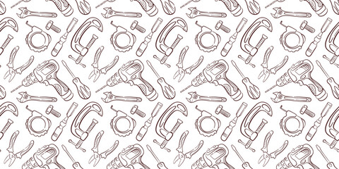 Obraz premium Seamless pattern of construction tool including drill, pliers, wrench, clamp and screwdriver in line art style on white background for industrial and repair design.
