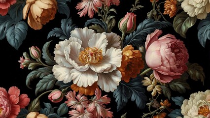 Beautiful pink peony and red rose flowers blossom in the summer garden, their delicate petals a closeup of nature's floral beauty