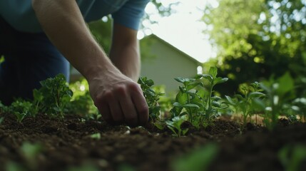 Fototapeta premium Landscaper planting shrubs in front yard. Featuring focus and care