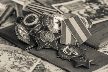 Awards of the Second world war close-up. Soviet military awards - Order Red Banner, Glory,the order...
