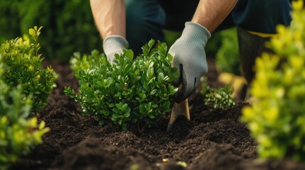 Landscaper planting shrubs in garden bed. Featuring care and attention to detail