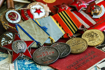 Awards of the Second world war close-up. Soviet military awards - Order Red Banner, Glory,the order...