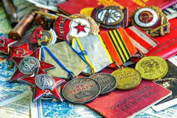 Awards of the Second world war close-up. Soviet military awards - Order Red Banner, Glory,the order...