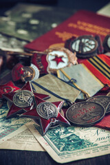 Awards of the Second world war close-up. Soviet military awards - Order Red Banner, Glory,the order...