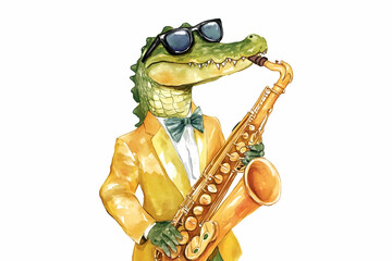 Saxophone-playing alligator in yellow suit with sunglasses