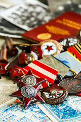 Awards of the Second world war close-up. Soviet military awards - Order Red Banner, Glory,the order...