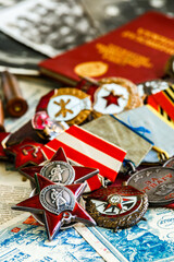 Fototapeta premium Awards of the Second world war close-up. Soviet military awards - Order Red Banner, Glory,the order of the Patriotic war,Order of the Red Star, Medal for Courage, Medal Battle Merit.
