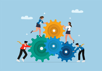 Creative Business Teamwork Concept with People Collaborating to Turn Gears. Vector Illustration Symbolizing Cooperation, Process, and Productivity.