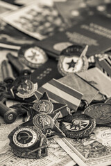 Awards of the Second world war close-up. Soviet military awards - Order Red Banner, Glory,the order...