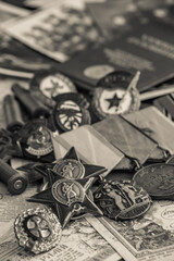 Awards of the Second world war close-up. Soviet military awards - Order Red Banner, Glory,the order...