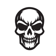 A stylized black and white skull with dark eye sockets and teeth on a plain white background art.eps