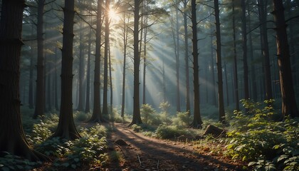 Obraz premium 朝の森 神秘的 光線輝く 小道