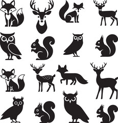 A vector clip art set of  forest animal silhouettes in black on a white background. Include a fox, a deer, an owl, and a squirrel